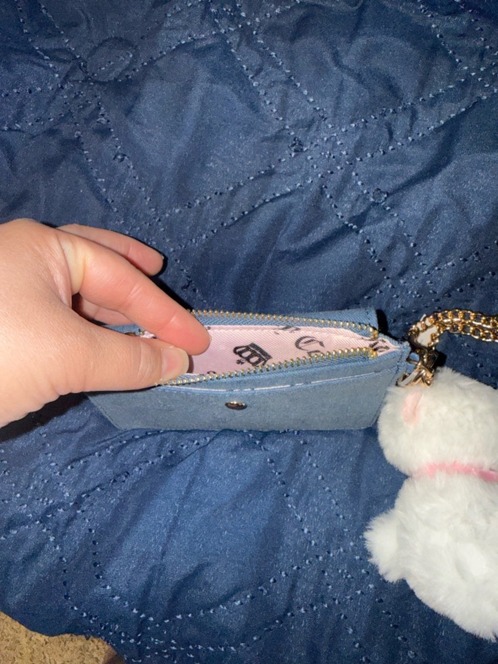 Juicy Couture Blue Denim Wallet with Pink Script Logo and White Plush Charm - Picture 5 of 6